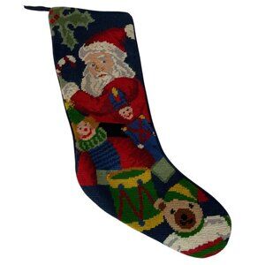 Vintage Handmade Needlepoint Christmas Stocking With Santa & Toys Design